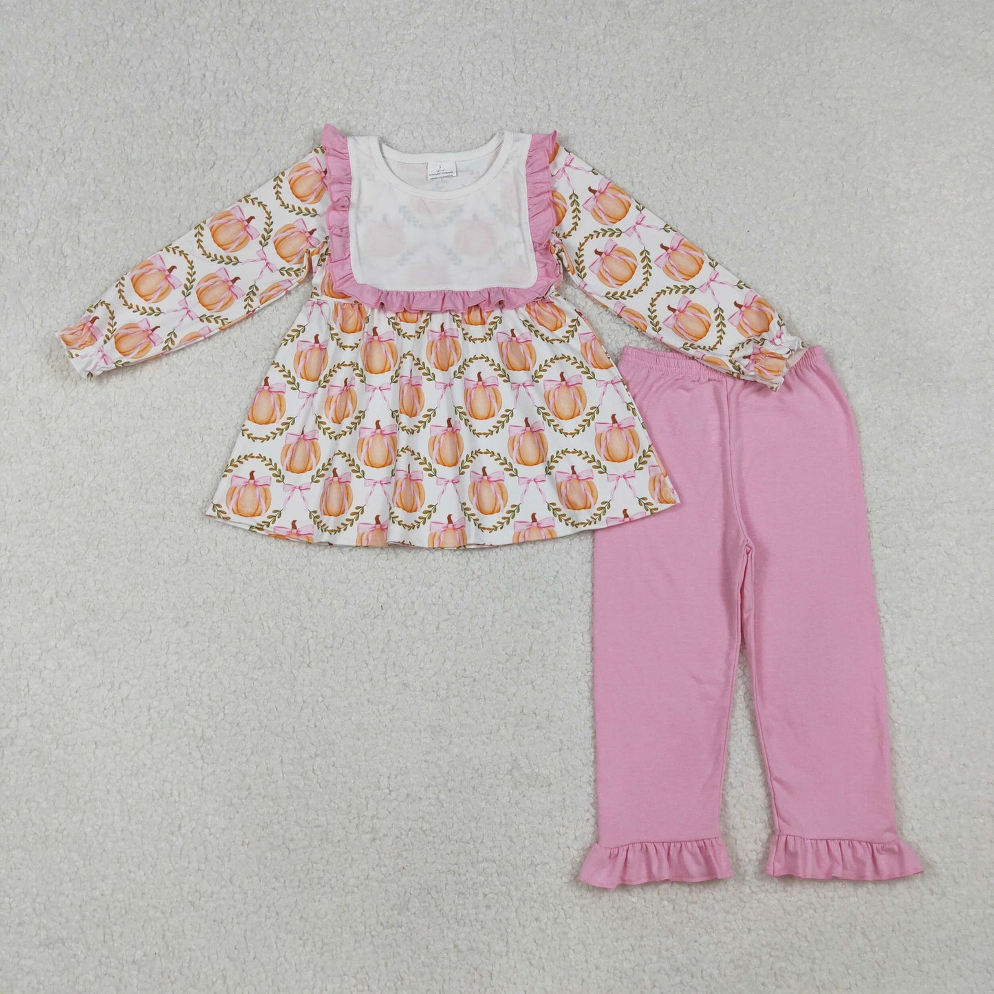 GLP2427 Baby Girls Long Ruffle Sleeves Pumpkins Bows Plaid Tunic Flame Pant Set