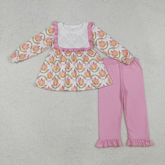 GLP2427 Baby Girls Long Ruffle Sleeves Pumpkins Bows Plaid Tunic Flame Pant Set