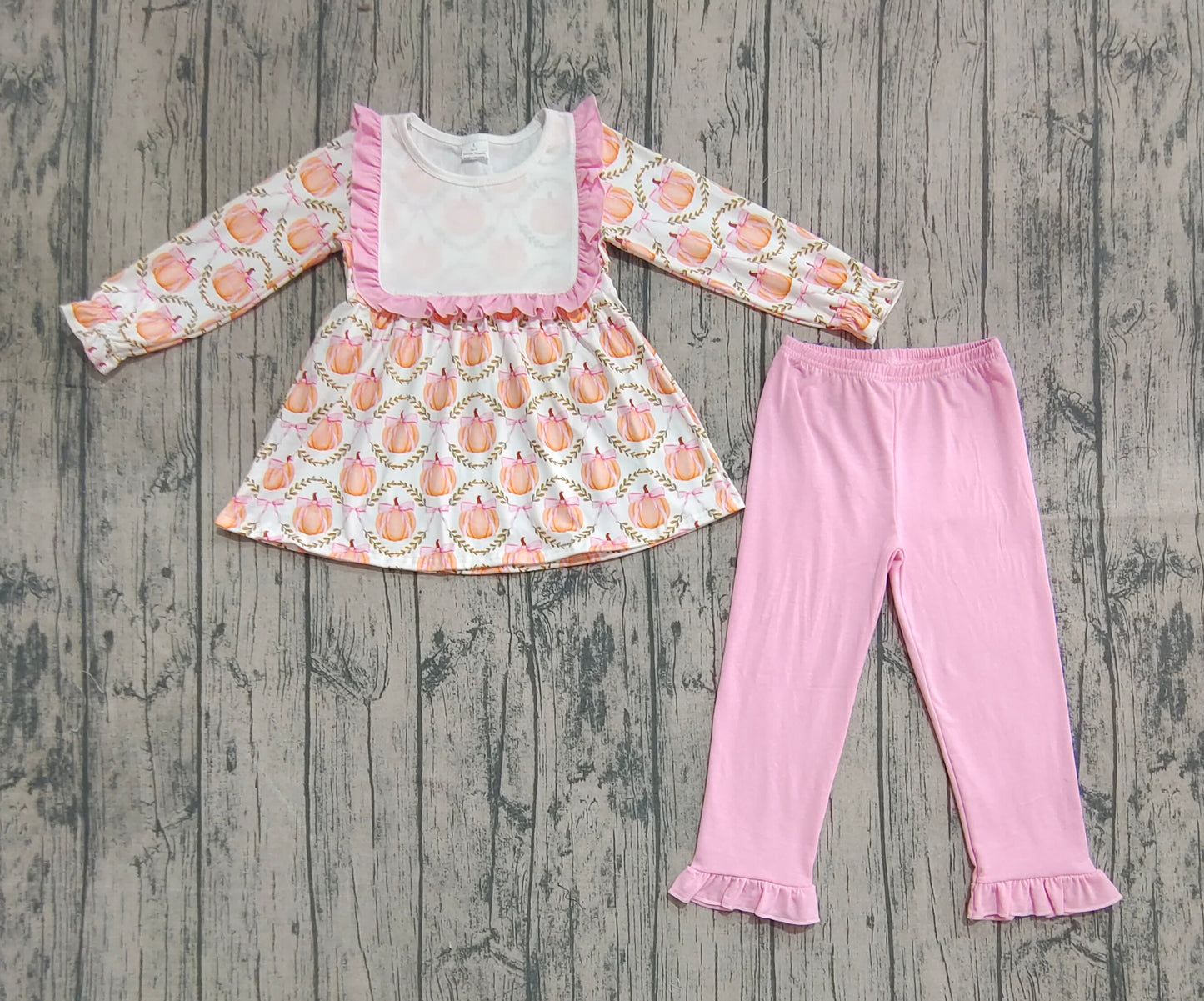 GLP2427 Baby Girls Long Ruffle Sleeves Pumpkins Bows Plaid Tunic Flame Pant Set  D 822