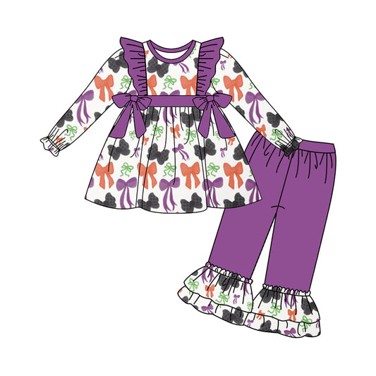presale GLP2428 Baby Girls Long Ruffle Sleeves Colorful Bows Plaid Tunic Purple Pant Set D 6.3