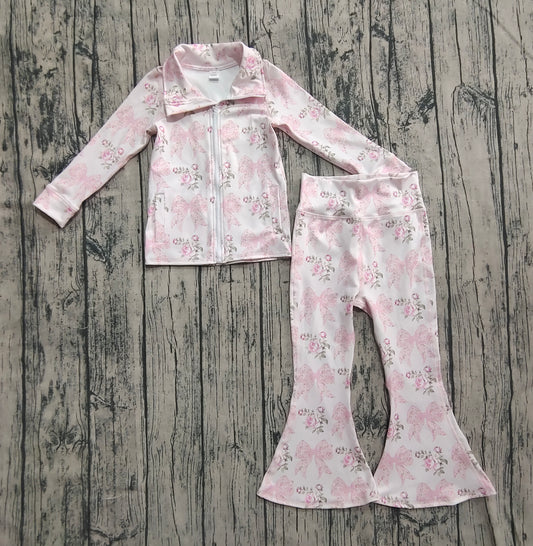 presale GLP2429 Baby Girls Pink Floral Bows Pockets Zipper Top Bell Bottom Pant Yoga Set D 6.3