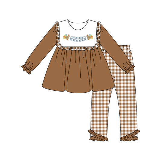presale GLP2431  Baby Girls Brown Long Sleeves Turkey Give Thanks Tunic Plaid Ruffle Pant Set  D 6.3