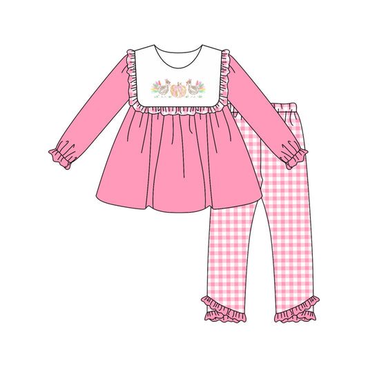 presale GLP2432 Baby Girls Pink Long Sleeves Turkey Pumpkins Tunic Plaid Ruffle Pant Set D 6.3