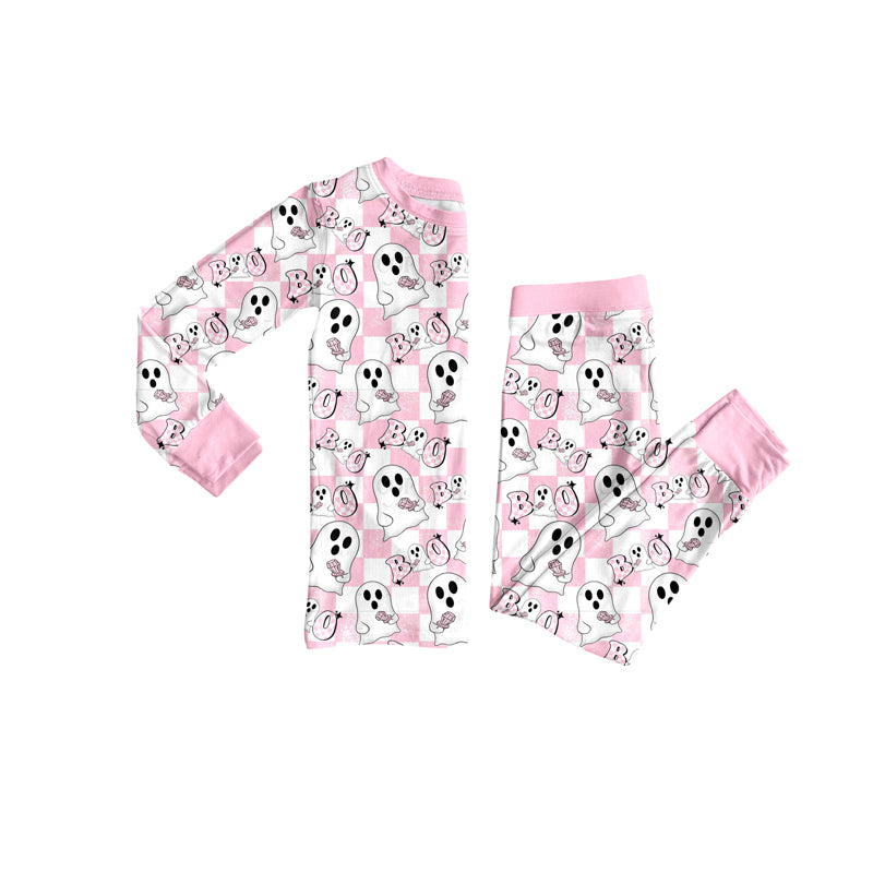 GLP2433  Baby Girls Pink Plaid Long Sleeves Ghost BOO Top Pant Pajamas Set  D 7.16