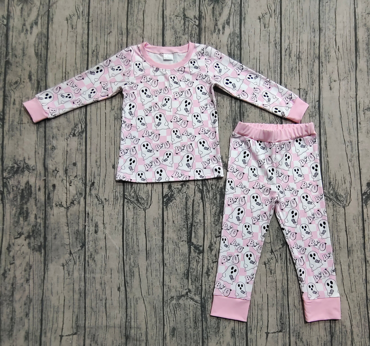 GLP2433  Baby Girls Pink Plaid Long Sleeves Ghost BOO Top Pant Pajamas Set  D 7.16