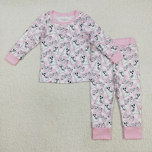 GLP2433  Baby Girls Pink Plaid Long Sleeves Ghost BOO Top Pant Pajamas Set