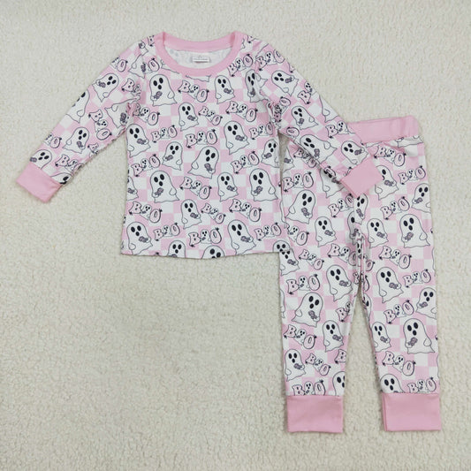 GLP2433 Baby Girls Pink Plaid Long Sleeves Ghost BOO Top Pant Pajamas Set D 7.16