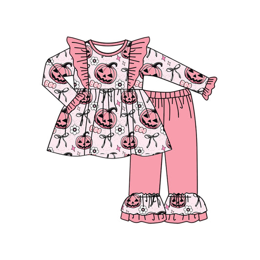 presale GLP2434  Baby Girls Pink Long Sleeves Ghost Pumpkins Flowers Tunic Ruffle Pant Set  D 6.3
