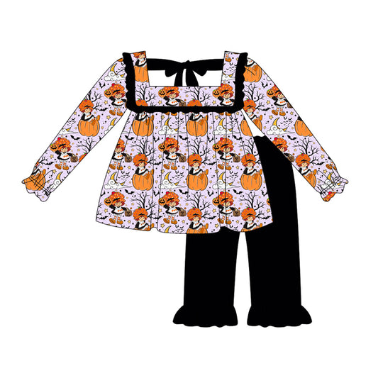 presale GLP2435 Baby Girls Lavender Long Sleeves Pumpkins Bats Tunic Black Ruffle Pant Set  D 6.4