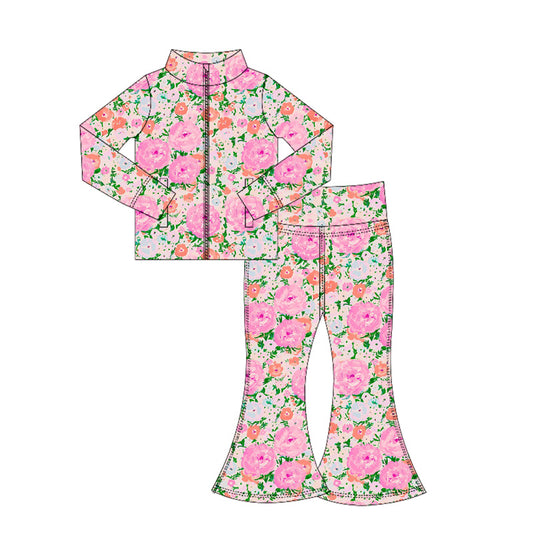 presale GLP2436 Baby Girls Pink Floral Pockets Zipper Top Bell Bottom Pant Yoga Set D 6.4