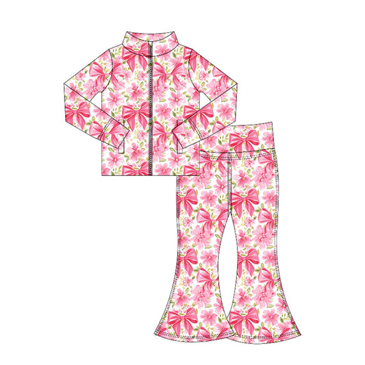 presale GLP2437  Baby Girls Pink Flowers Bows Pockets Zipper Top Bell Bottom Pant Yoga Set  D 6.4