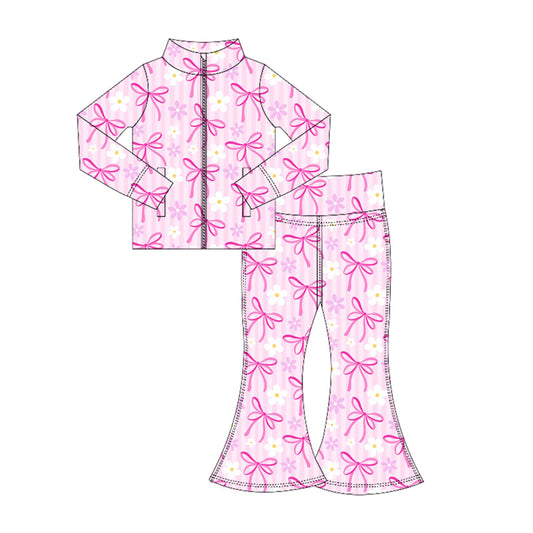 presale GLP2438 Baby Girls Pink Stripe Daisy Bows Pockets Zipper Top Bell Bottom Pant Yoga Set D 6.4