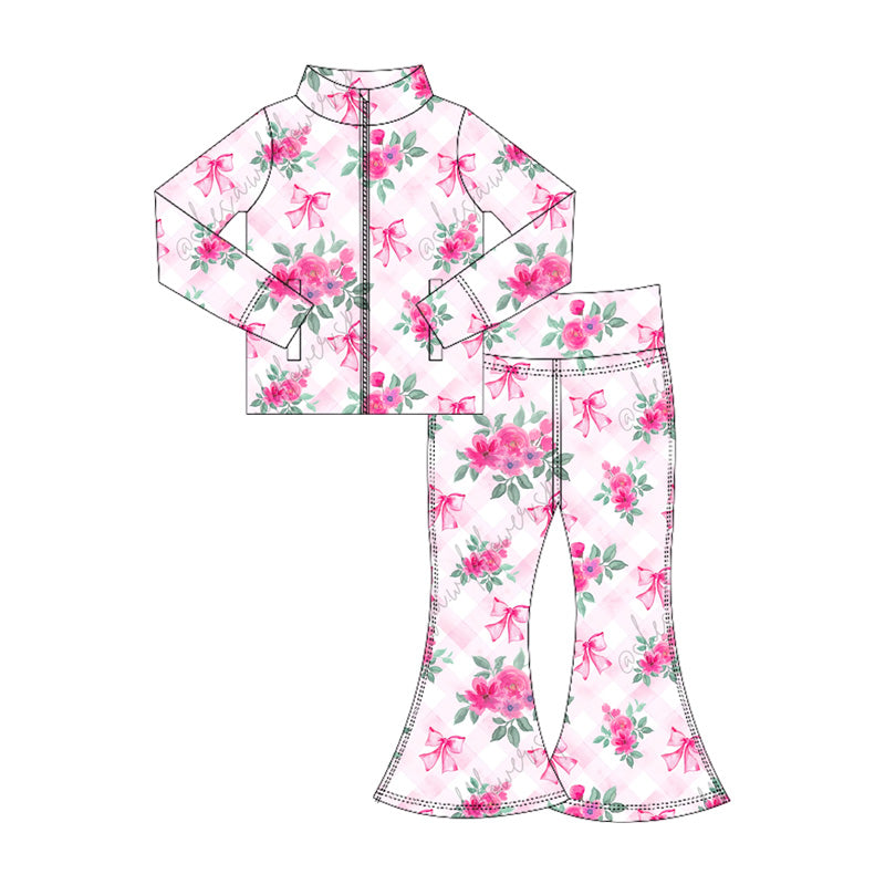 presale GLP2439  Baby Girls Pink Plaid Flowers Bows Pockets Zipper Top Bell Bottom Pant Yoga Set  D 6.4