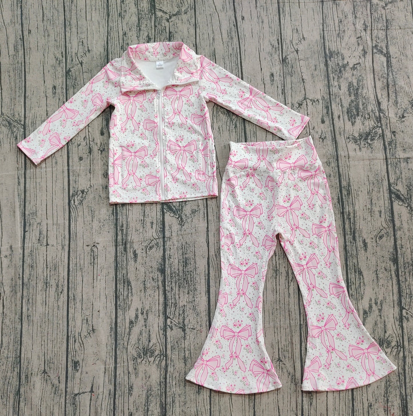 GLP2440 Baby Girls Pink Floral Bows Pockets Zipper Top Bell Bottom Pant Yoga Set  D 1028