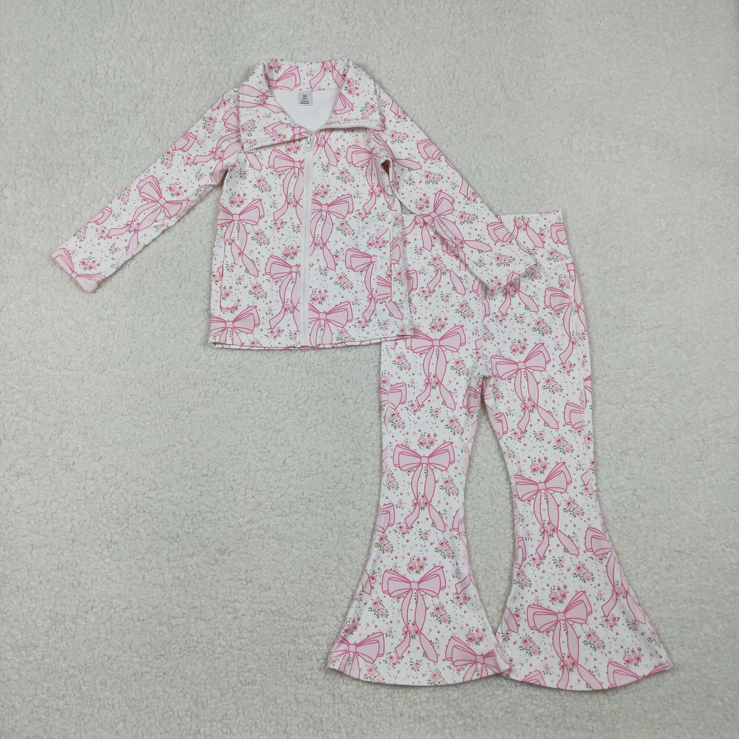 GLP2440 Baby Girls Pink Floral Bows Pockets Zipper Top Bell Bottom Pant Yoga Set