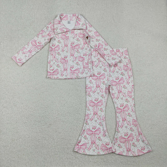 GLP2440 Baby Girls Pink Floral Bows Pockets Zipper Top Bell Bottom Pant Yoga Set