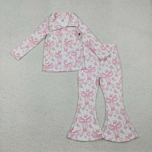 GLP2440 Baby Girls Pink Floral Bows Pockets Zipper Top Bell Bottom Pant Yoga Set D 1028