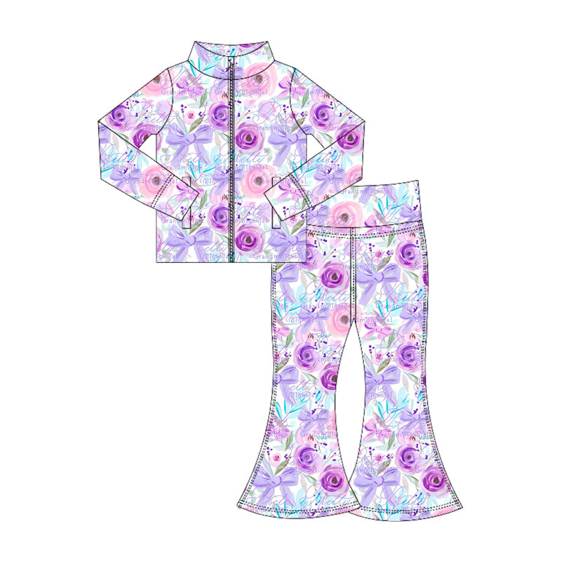 GLP2441 Baby Girls Purple Flowers Bows Pockets Zipper Top Bell Bottom Pant Yoga Set  D 906