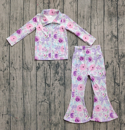 presale GLP2441 Baby Girls Purple Flowers Bows Pockets Zipper Top Bell Bottom Pant Yoga Set  D 906