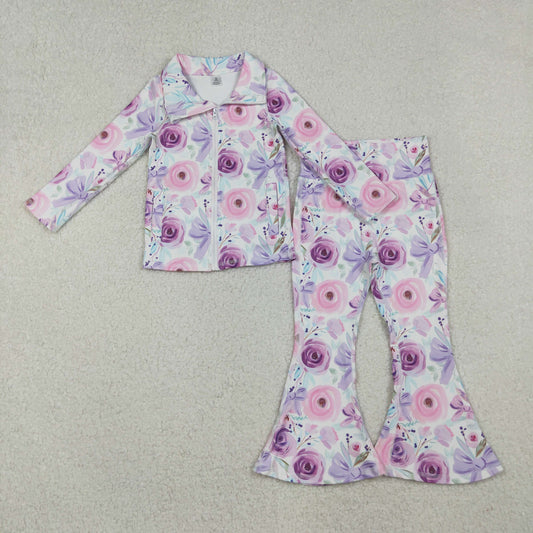 GLP2441 Baby Girls Purple Flowers Bows Pockets Zipper Top Bell Bottom Pant Yoga Set D 906