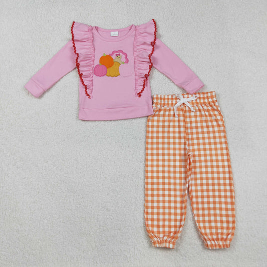 GLP2442  Baby Girls Pink Long Sleeves Turkey Pumpkins Top Orange Plaid Pant Set
