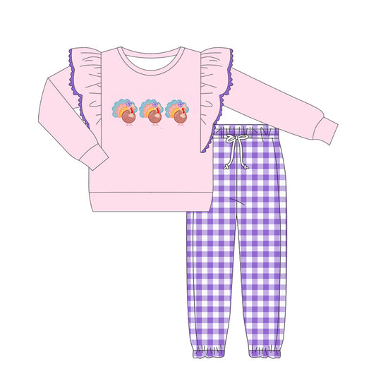 presale GLP2443 Baby Girls Light Pink Long Sleeves Turkey Top Purple Plaid Pant Set  D 6.4