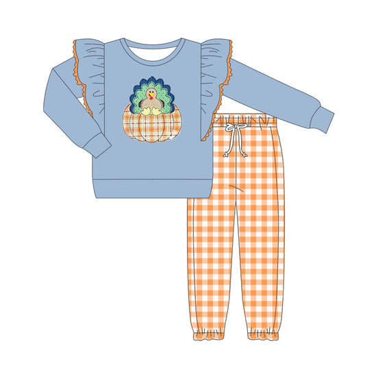 presale GLP2444 Baby Girls Blue Long Sleeves Turkey Pumpkin Top Orange Plaid Pant Set   D 6.4