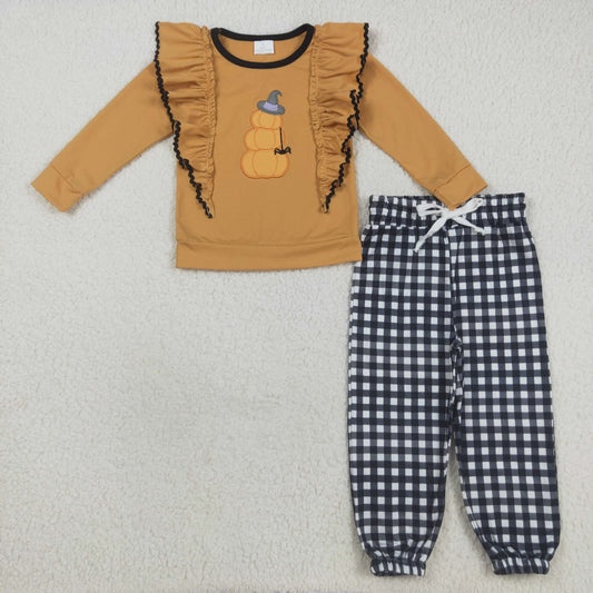 GLP2445  Baby Girls Orange Long Sleeves Hat Pumpkins Top Black Plaid Pant Set