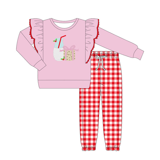 presale GLP2447  Baby Girls Pink Long Sleeves Gift Milk Top Red Plaid Pant Set  D 6.4