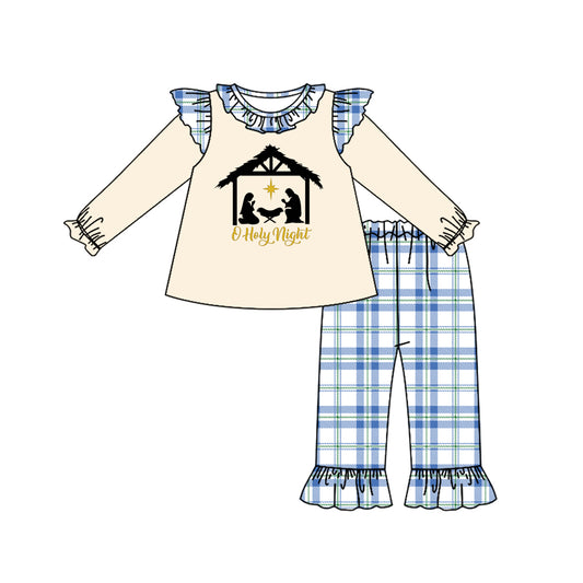 presale GLP2448 Baby Girls Long Sleeves Jesus Nativity Tunic Blue Plaid Pant Set  D 6.4