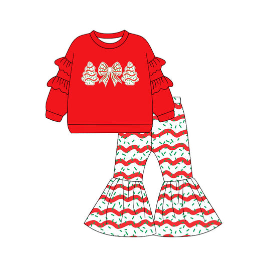 presale GLP2449 Baby Girls Red Long Sleeves Bows Trees Top Bell Bottom Stripes Pant Set   D 6.4