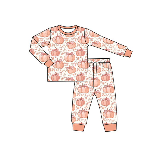 presale GLP2451 Baby Girls Long Sleeves Bow Pumpkins Plaid Top Pant Pajamas Set D 6.7