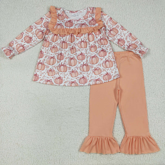 GLP2452 Baby Girls Long Sleeves Bow Pumpkins Plaid Tunic Ruffle Pant Set D 6.7