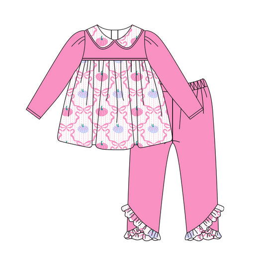 presale GLP2453 Baby Girls Pink Long Sleeves Bow Pumpkins Plaid Tunic Ruffle Pant Set  D 6.7
