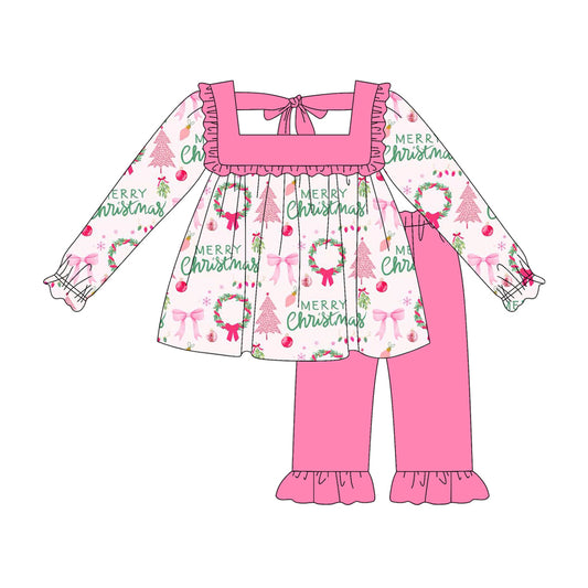 presale GLP2454  Baby Girls Long Sleeves Bow Christmas Trees Tunic Ruffle Pant Set D 6.7