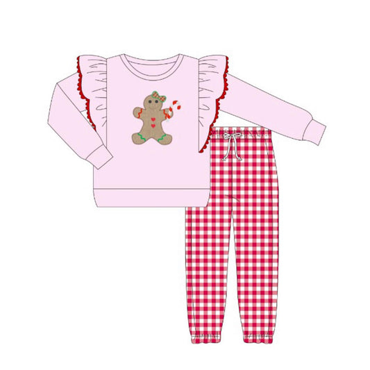 presale GLP2455 Baby Girls Pink Long Sleeves Gingerbread Top Red Plaid Pant Set  D 6.7