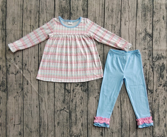 presale GLP2456 Baby Girls Long Sleeves Soldier Plaid Top Blue Ruffle Pant Set D 6.9