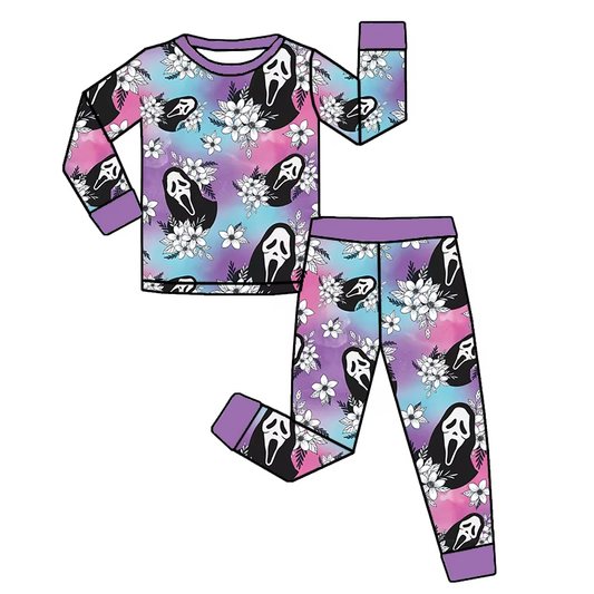 presale GLP2459 Baby Girls Long Sleeves Purple Ghosts Flowers Top Pant Pajamas Set D 6.10