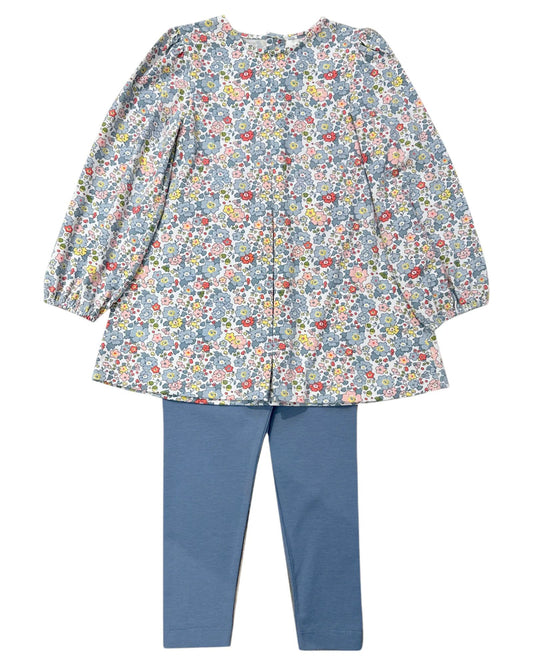 presale GLP2463 Baby Girls Long Ruffle Sleeves Blue Floral Button Tunic Legging Pant Set D 6.10