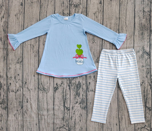 presale GLP2465 Baby Girls Blue Long Bell Sleeves Bows Plant Tunic Stripe Legging Pant Set D 902