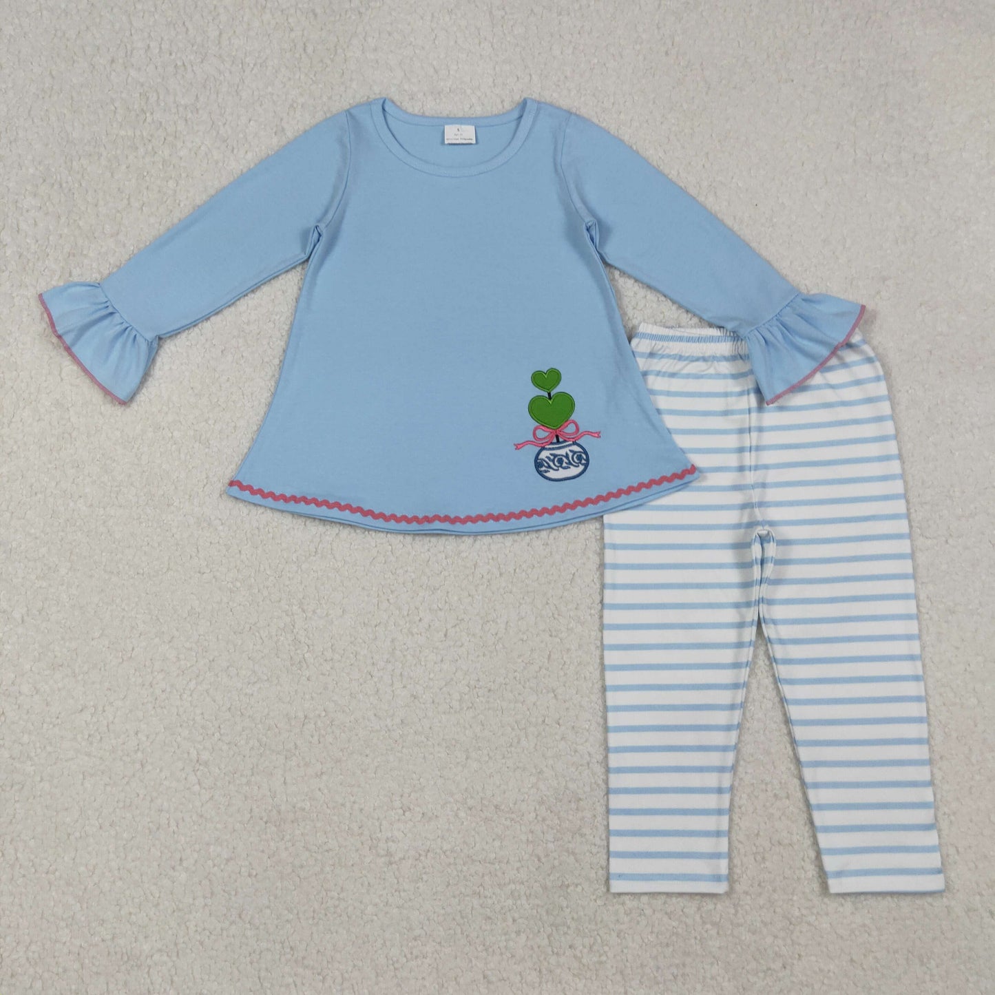 GLP2465 Embroidery Bows Plants Baby Girls Blue Tunic Stripe Legging Sets D 902