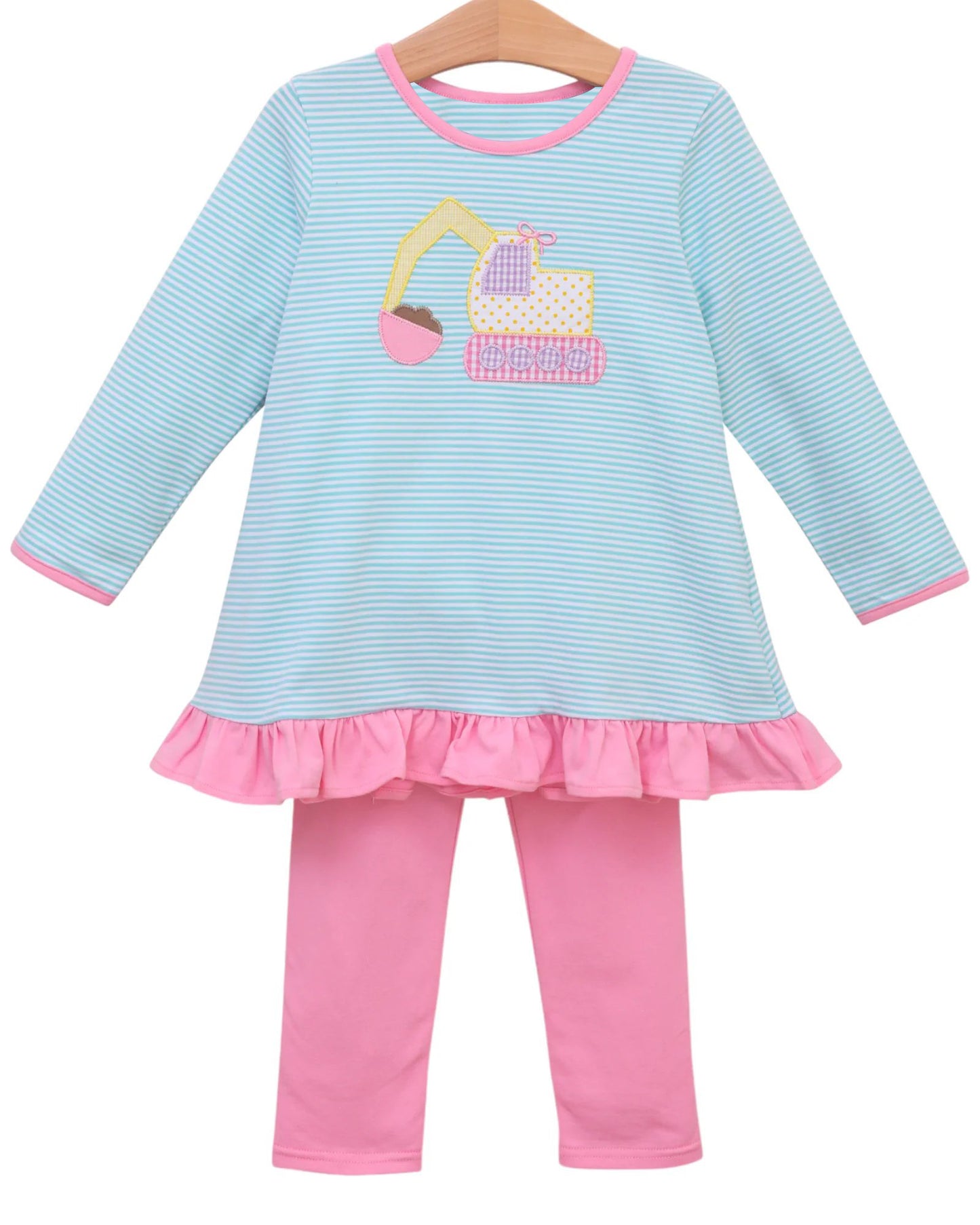 GLP2466  Embroidery Baby Girls Blue Stripe Excavator Tunic Pink Legging Pants Sets D 920