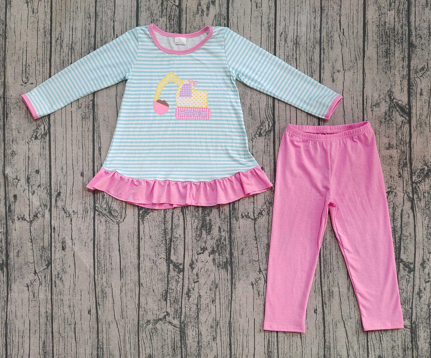 GLP2466  Embroidery Baby Girls Blue Stripe Excavator Tunic Pink Legging Pants Sets D 920