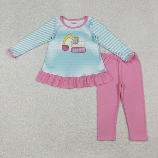 GLP2466  Embroidery Baby Girls Blue Stripe Excavator Tunic Pink Legging Pants Sets D 920