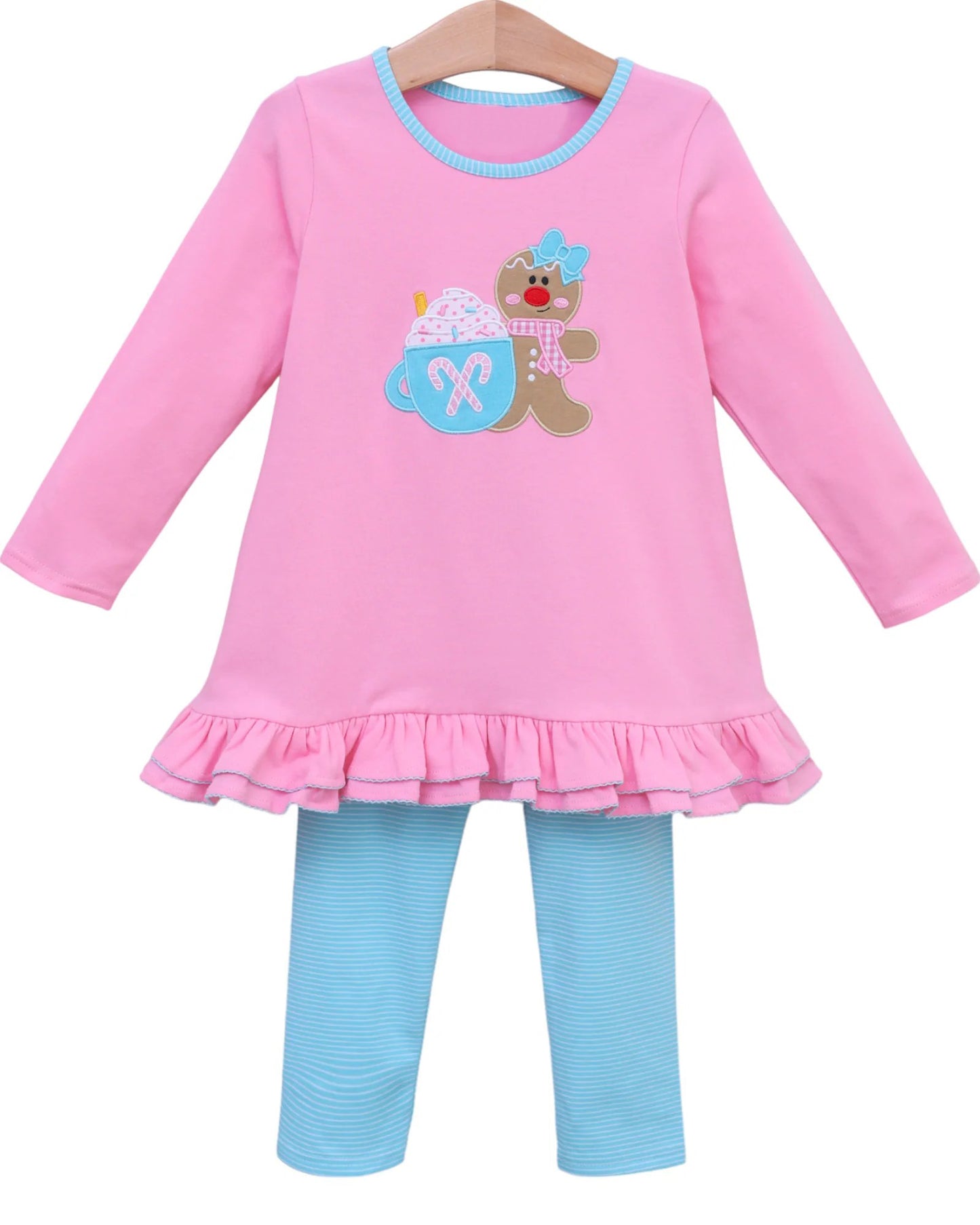 GLP2467  Embroidery Baby Girls Pink Christmas Gingerbread Tunic Blue Legging Pants Sets  D 926