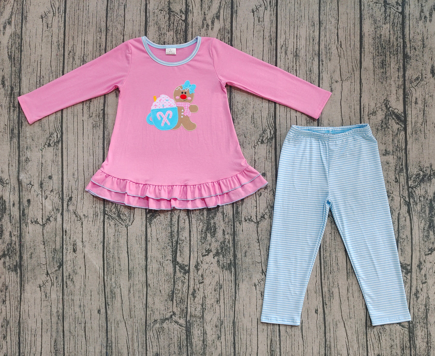 GLP2467  Embroidery Baby Girls Pink Christmas Gingerbread Tunic Blue Legging Pants Sets  D 926