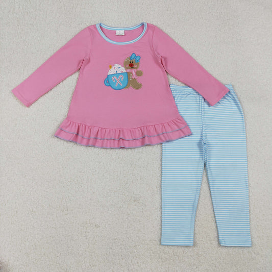 GLP2467  Embroidery Baby Girls Pink Christmas Gingerbread Tunic Blue Legging Pants Sets  D 926