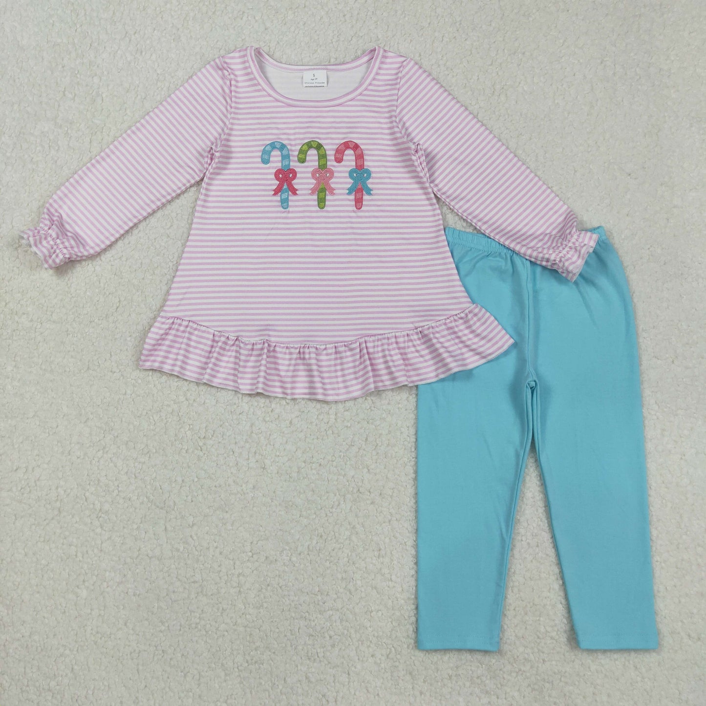 GLP2468  Baby Girls Pink Stripe Long Ruffle Sleeves Candy Cane Tunic Blue Legging Pant Set