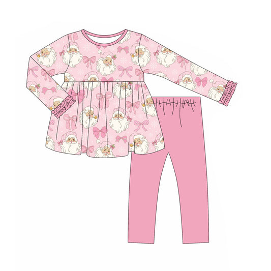 presale GLP2470  Baby Girls Long Ruffle Sleeves Pink Bows Santa Tunic Legging Pant Set D 825