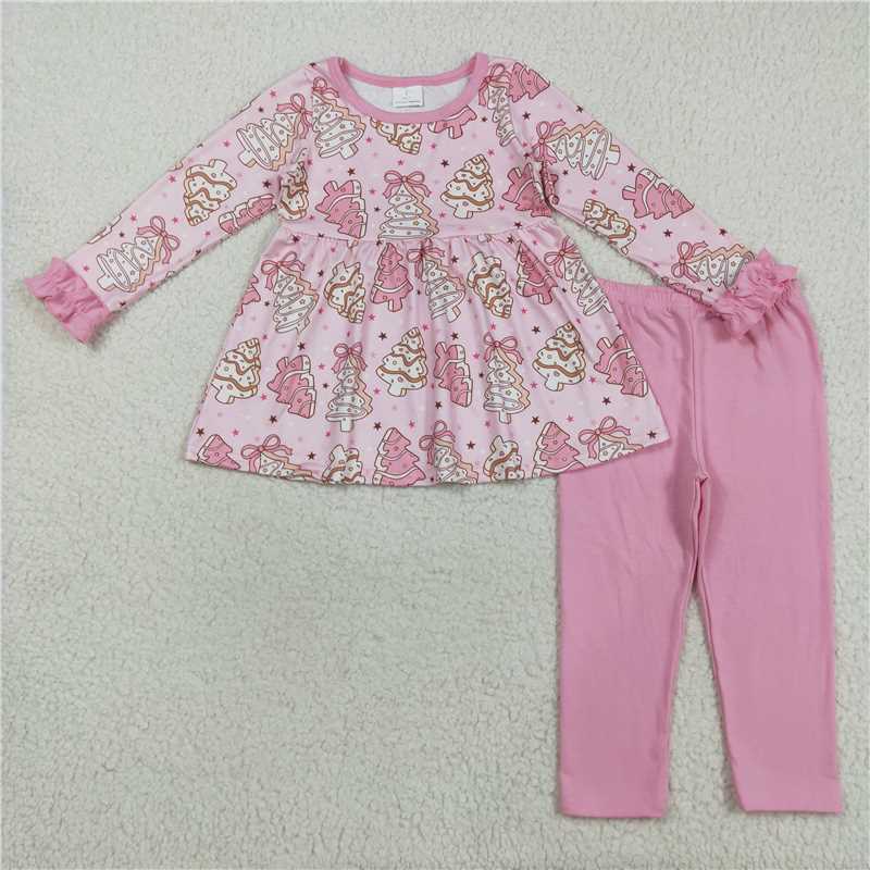 GLP2471 Baby Girls Long Ruffle Sleeves Pink Bows Christmas Trees Tunic Legging Pant Set
